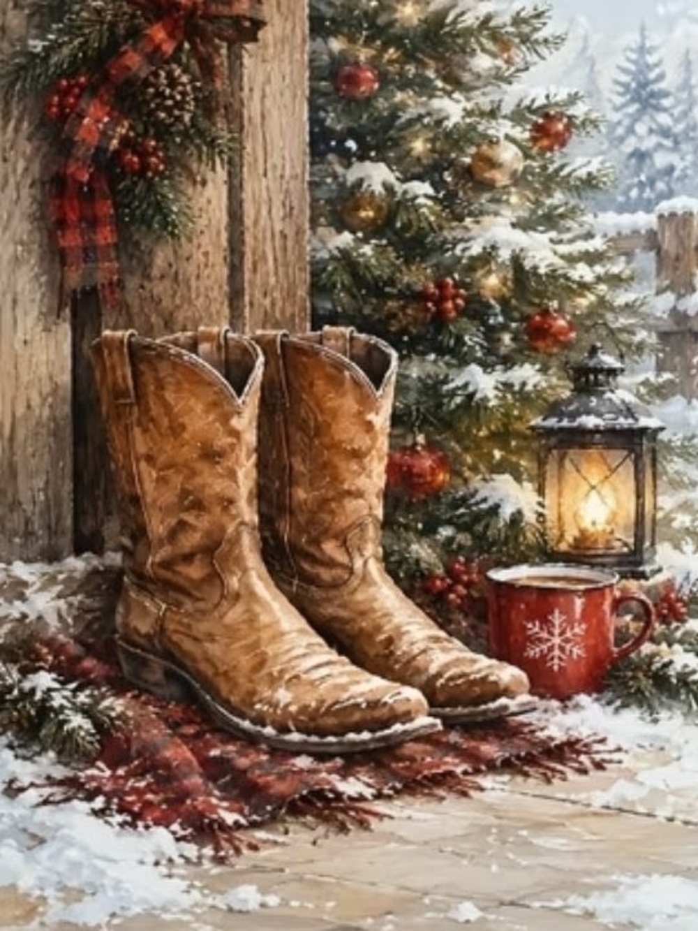 Brown Rustic Leather Cowboy Boots Holiday Wall Art Print